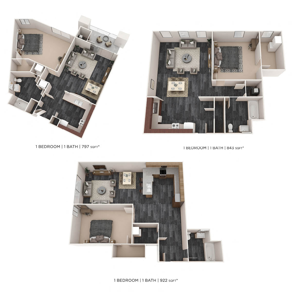 Floor plan for 1 bed, 1 bath, 797 sqft